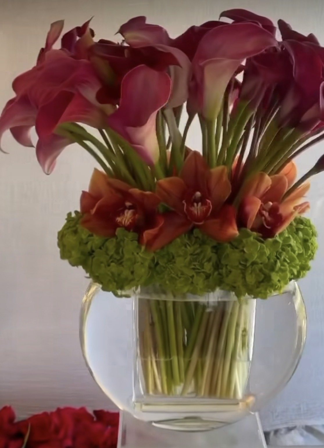 Arums rouges et mousse dans un vase en verre